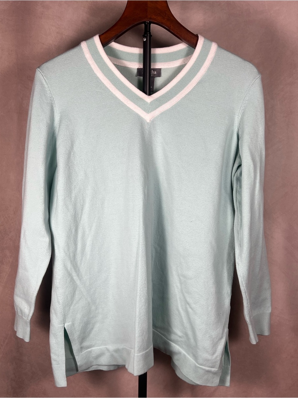 Martha Stewart Mint Aqua V Neck Tunic Sweater Size M Preppy Coastal